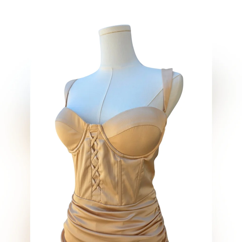 NWT Oh Polly Corset Ruched Beige Satin Dress - Picture 3 of 4